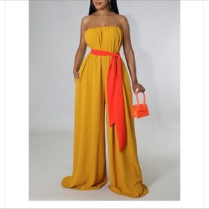 Elegant Mustard Jumpsuit with Red Sash
